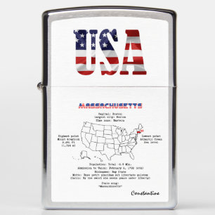 Massachusetts American state on a map and details Zippo Lighter