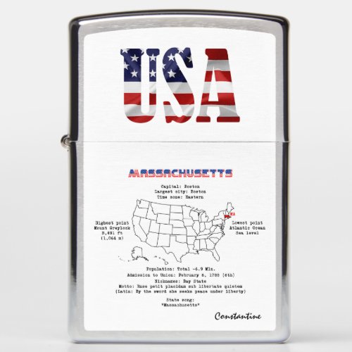Massachusetts American state on a map and details Zippo Lighter