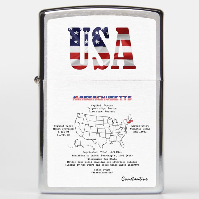Massachusetts American state on a map and details Zippo Lighter (Front)