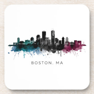 Massachusetts Art Boston MA Skyline Watercolor Beverage Coaster