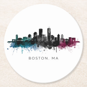 Massachusetts Art Boston MA Skyline Watercolor Round Paper Coaster