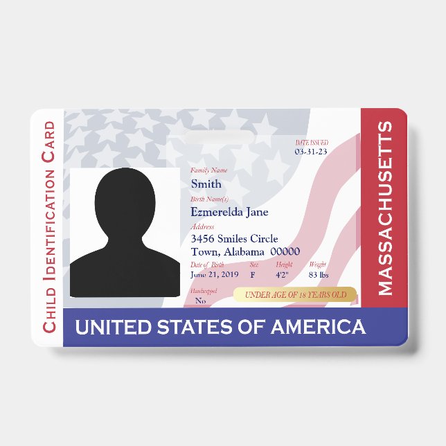 MASSACHUSETTS - Child ID - USA Flag Background Badge (Front)