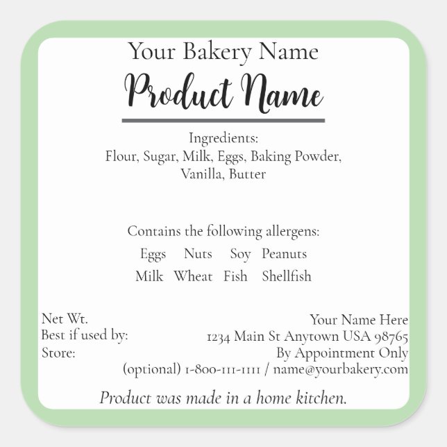 Massachusetts Cottage Food Business Baking Label (Front)