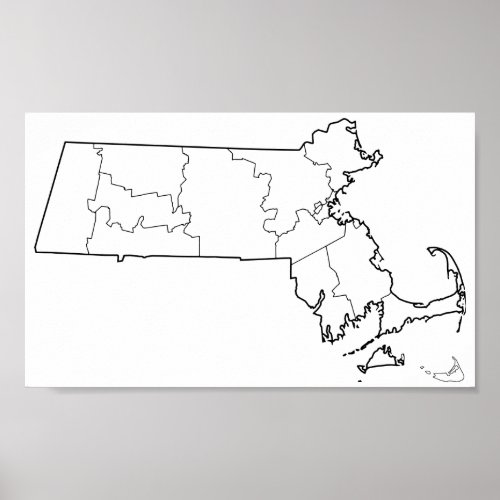 Massachusetts Counties Blank Outline Map Poster