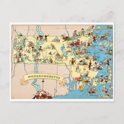 Massachusetts Funny Vintage Map Postcard