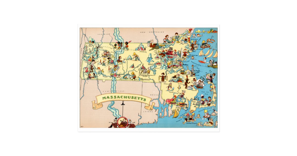 Massachusetts Funny Vintage Map Postcard