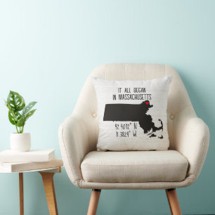 Massachusetts GPS Coordinates with Heart Throw Pillow