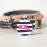 Massachusetts Heart Pet ID Tag<br><div class="desc">Let your furry friend show some home state pride with this cute Massachusetts ID tag. Design features a white silhouette map of the state of Massachusetts in pink with a white heart inside, on a preppy navy blue and white stripe background. Add your pet's name and contact information to the...</div>