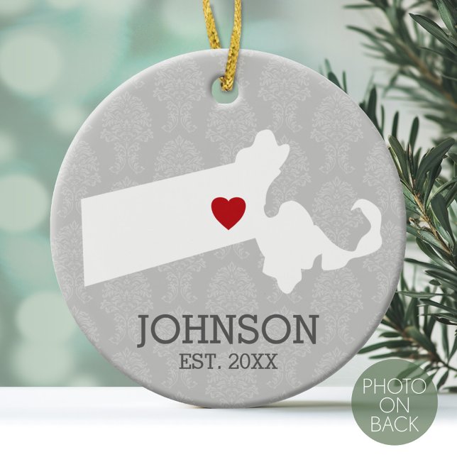 Massachusetts Home State City Map - Custom Wedding Ceramic Ornament (Personalized Photo Ornament)