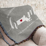 Massachusetts Home State Personalized Throw Blanket<br><div class="desc">Show some home state pride with this cute rustic gray throw blanket featuring "home" in white calligraphy script lettering with a silhouette map of the state of Massachusetts standing in for the letter "O." A red heart illustration inside the state map completes the design; you can change the position of...</div>