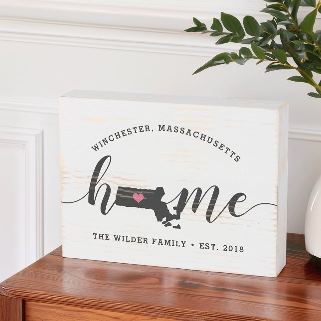 Massachusetts Home State Rustic Family Name Wooden Box Sign (Creator Uploaded)