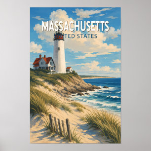 Massachusetts Illustration Travel Art Vintage Poster