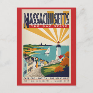 Massachusetts Lighthouse Illustration Travel Art Postcard