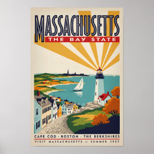 Massachusetts Lighthouse Illustration Travel Art Poster