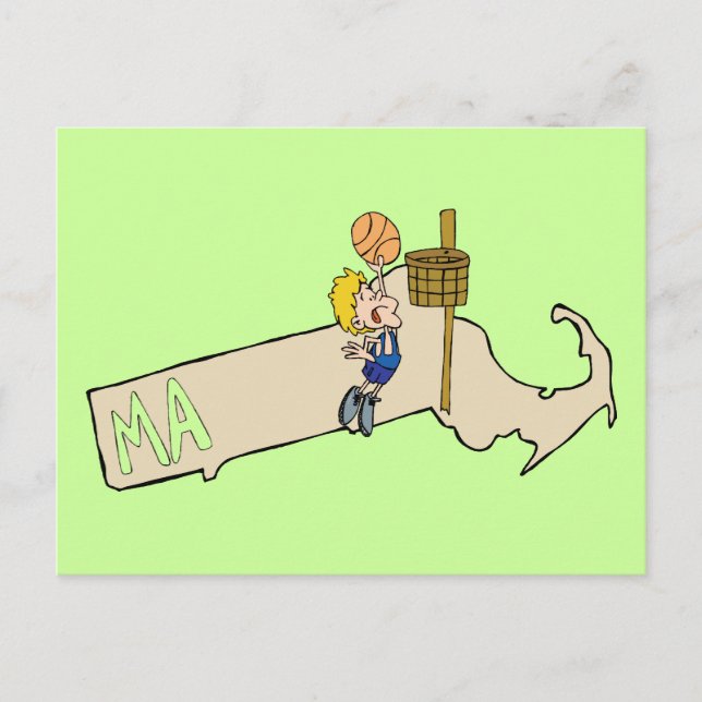 Massachusetts MA Map & Basketball Cartoon Art Postcard (Front)