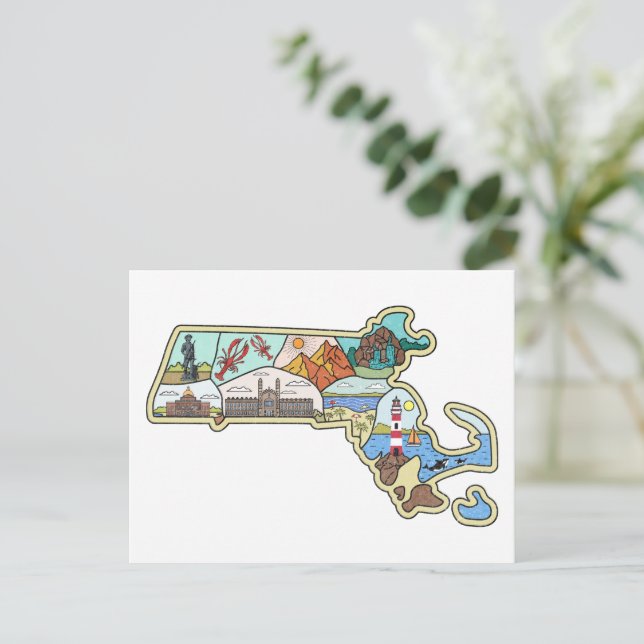 Massachusetts Map Boston Cape Cod Salem Souvenir Postcard (Standing Front)