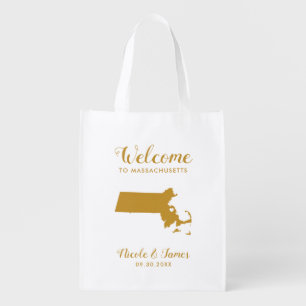 Massachusetts Map Wedding Welcome Bag Tote, Gold