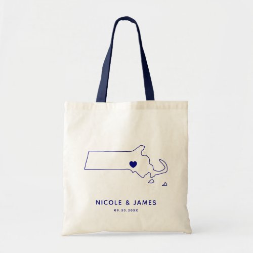 Massachusetts Map Wedding Welcome Bag Tote Navy