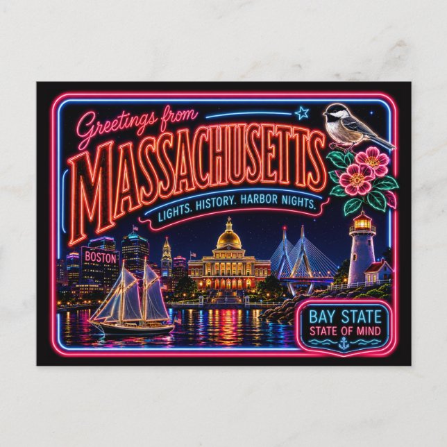 Massachusetts Neon State Retro Vintage Postcard (Front)