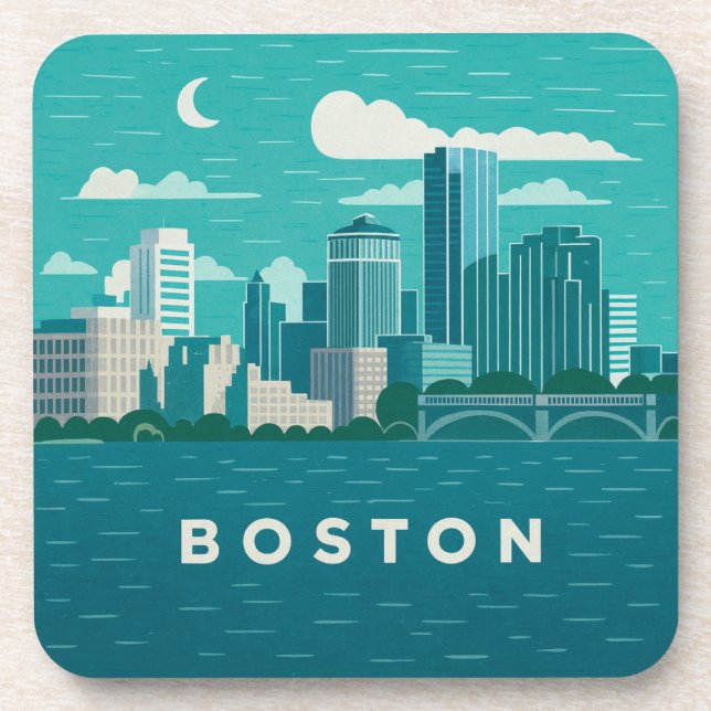 Massachusetts Night Cityscape | Boston City Beverage Coaster (Front)