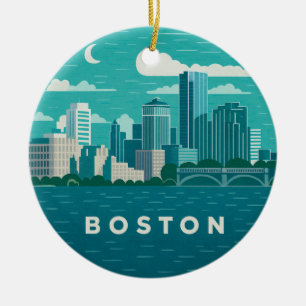 Massachusetts Night Cityscape   Boston City Ceramic Ornament