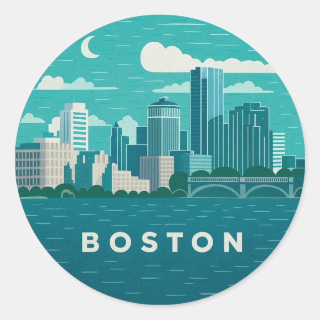 Massachusetts Night Cityscape | Boston City Classic Round Sticker (Front)