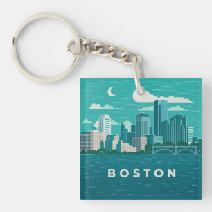 Massachusetts Night Cityscape Boston City Keychain