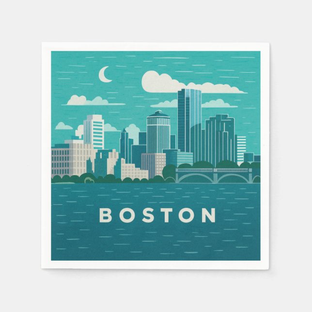 Massachusetts Night Cityscape | Boston City Napkins (Front)