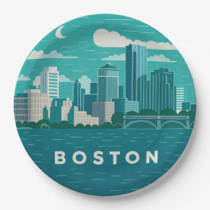 Massachusetts Night Cityscape   Boston City Paper Plates