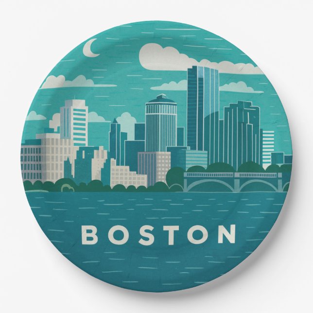 Massachusetts Night Cityscape | Boston City Paper Plates (Front)