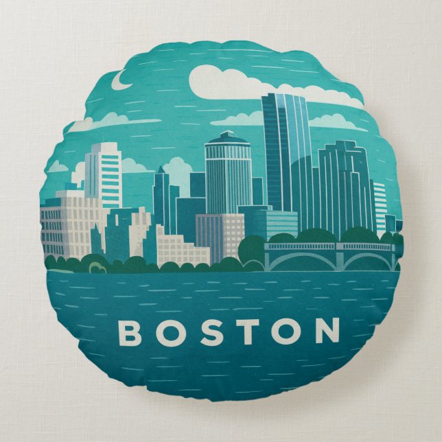 Massachusetts Night Cityscape | Boston City Round Pillow (Front)