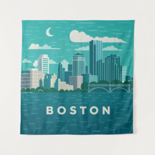 Massachusetts Night Cityscape Boston City Tapestry