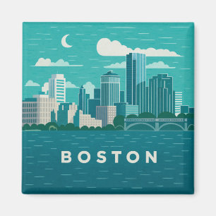 Massachusetts Night Cityscape Boston Skyline Art Magnet