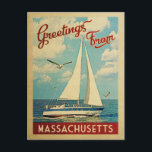 Massachusetts Postcard Sailboat Vintage Travel<br><div class="desc">This Greetings From Massachusetts vintage travel nautical design features a boat sailing on the water with seagulls and a blue sky filled with gorgeous puffy white clouds.</div>