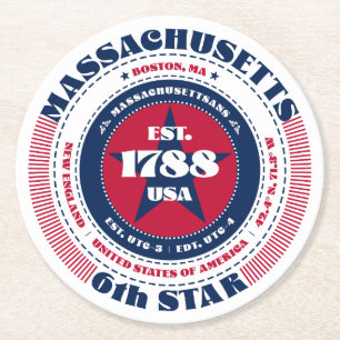 Massachusetts Red White Blue Typography Round Paper Coaster