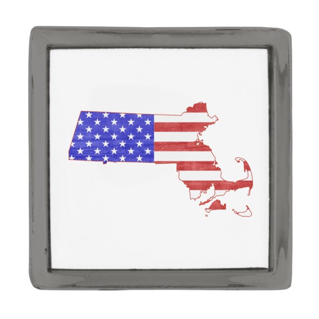 Massachusetts Shaped American Flag Patriotic Gunmetal Finish Lapel Pin (Front)