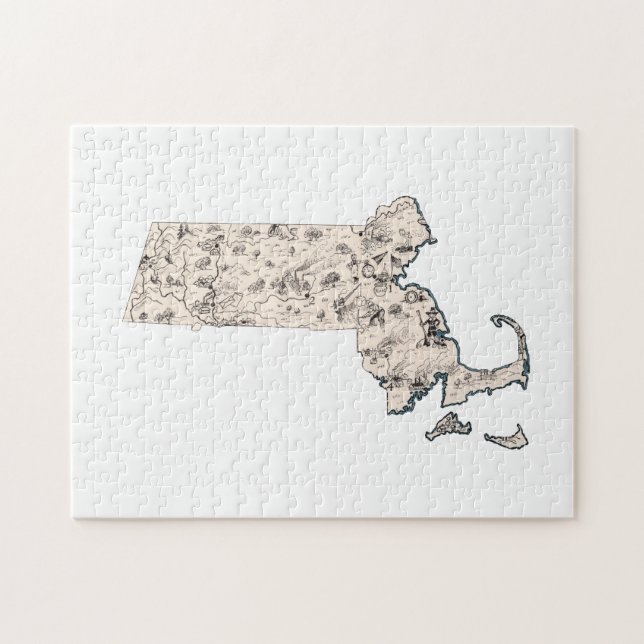 Massachusetts Shaped Vintage Picture Map Jigsaw Puzzle (Horizontal)