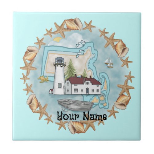 Massachusetts Shells Lighthouse custom name Tile