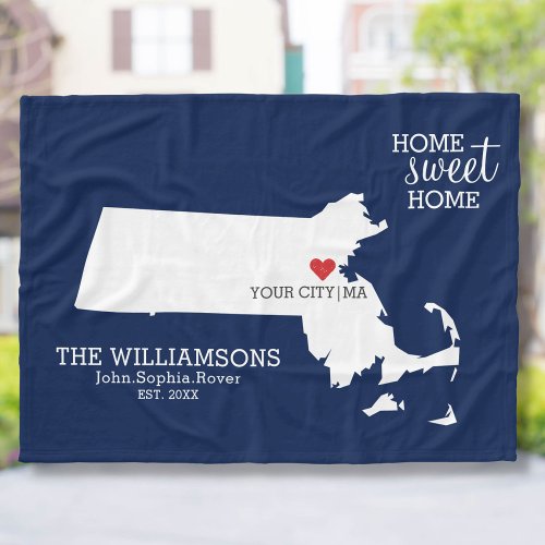 Massachusetts State Map Custom Names City Color Fleece Blanket