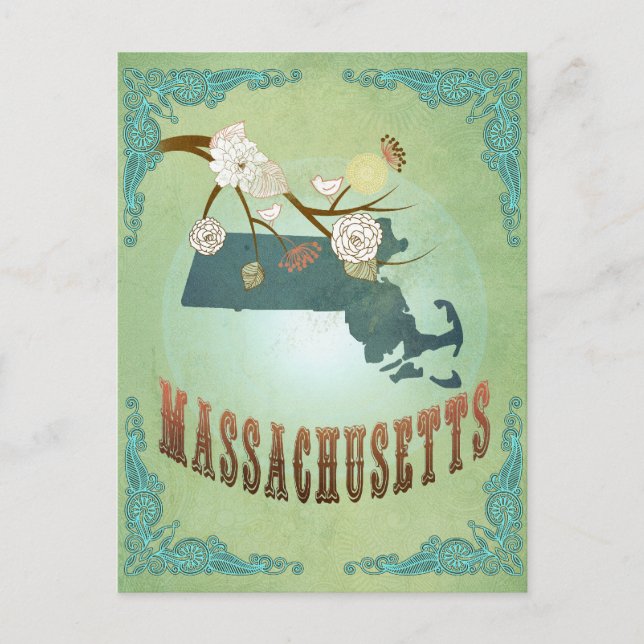Massachusetts State Map – Green Postcard (Front)
