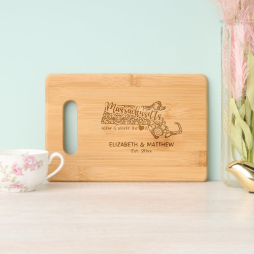 Massachusetts state map outline wedding couples cutting board