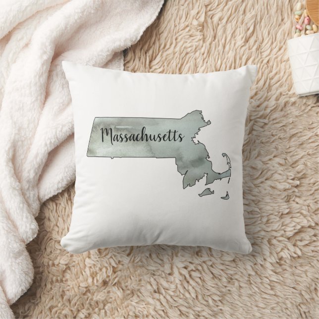 Massachusetts State Outline Watercolor Throw Pillow (Blanket)