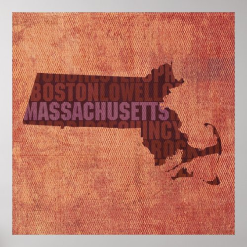 Massachusetts State Outline Word Map on Canvas Poster