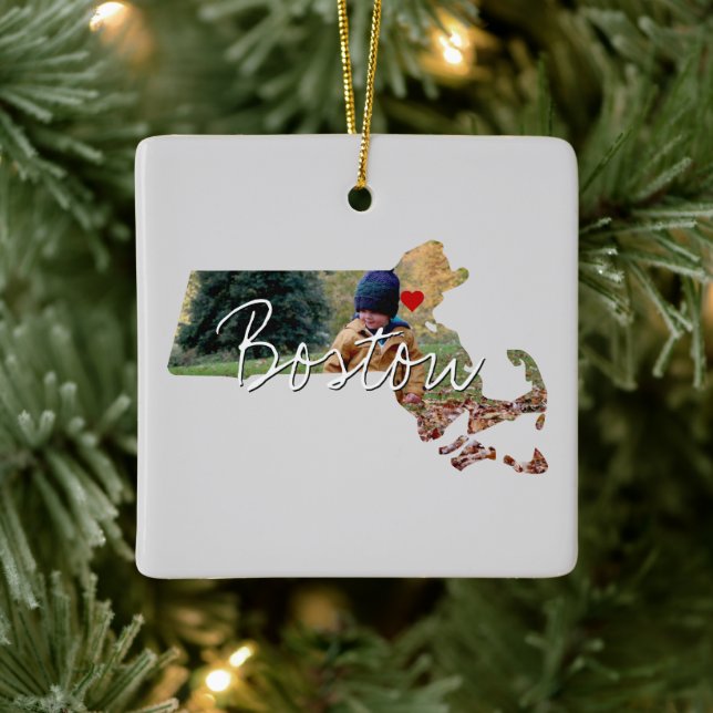 Massachusetts State Photo insert and town name Ceramic Ornament (Tree)