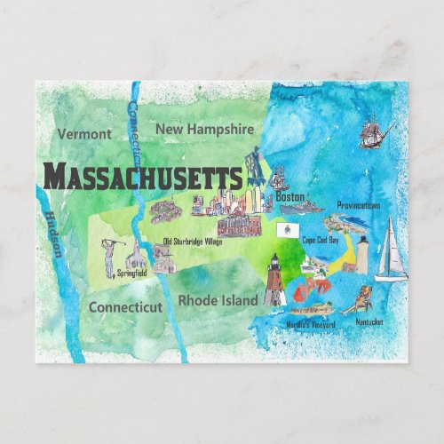 Massachusetts Travel Map Postcard