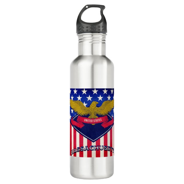 Massachusetts USA Flag Stainless Steel Water Bottle (Front)