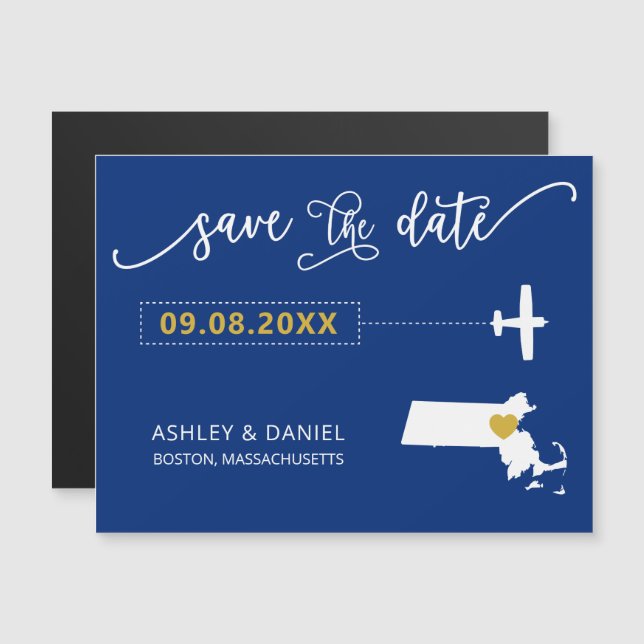 Massachusetts Wedding Save the Date Card, Map Magnetic Invitation (Front/Back)