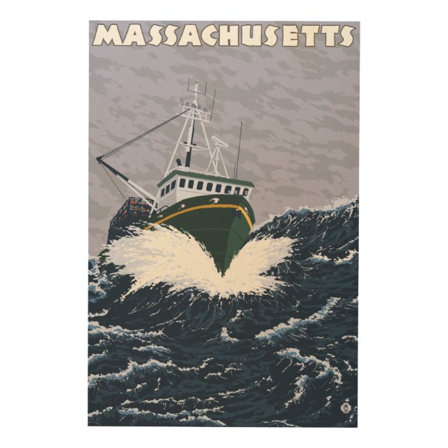 MassachusettsCrab Fishing Boat Scene Wood Wall Decor (Front)