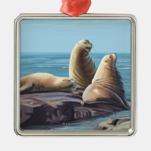 MassachusettsSea Lions Scene Metal Ornament