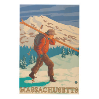 MassachusettsSkier Carrying Skis Wood Wall Art
